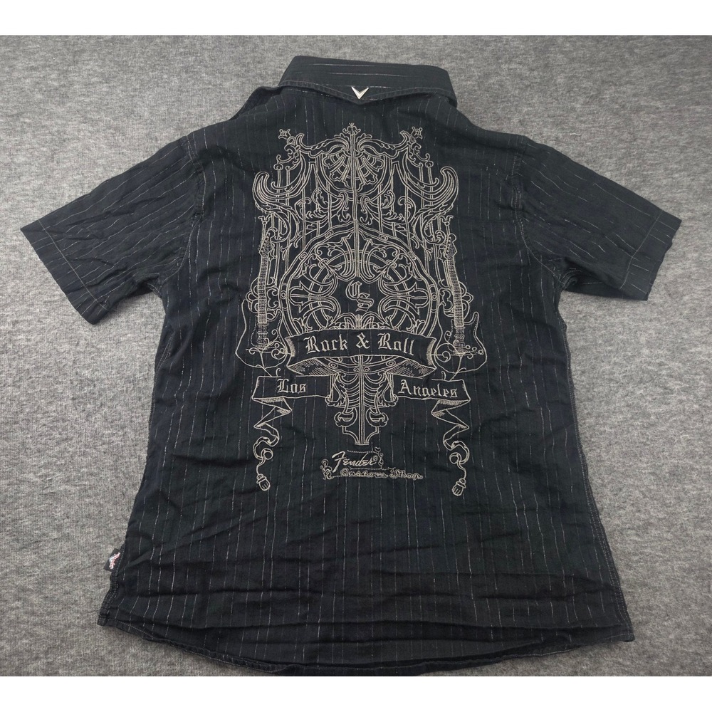 Fender Button Up Mens Small Black Rock & Roll Religion Embroidered Shirt guitar